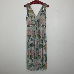Anthropologie Sylvia Sequin Beaded Fringe Midi Dress Floral | Size 2